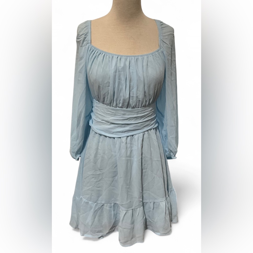 NWT Exlura Blue Midi Sundress XL Puff Sleeve Square Neck Tie Back